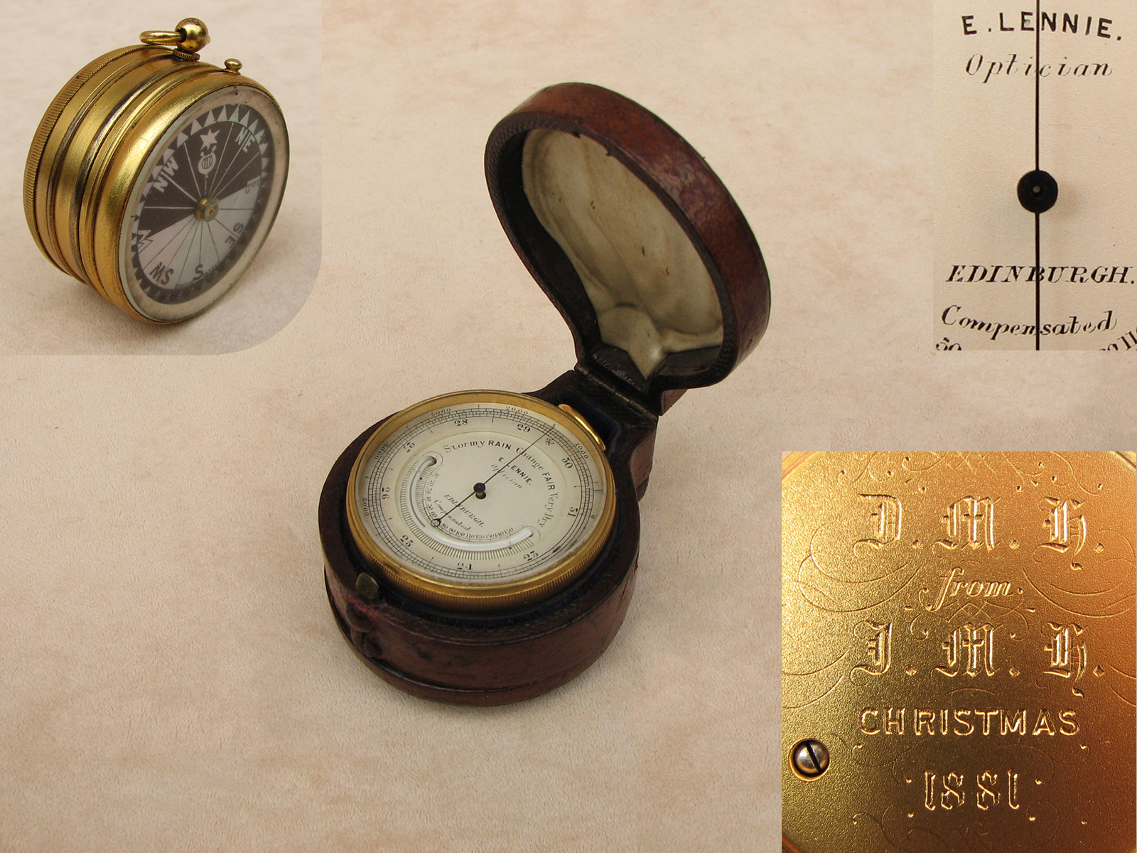 E. Lennie Victorian pocket barometer compendium, with Christmas 1881 inscription